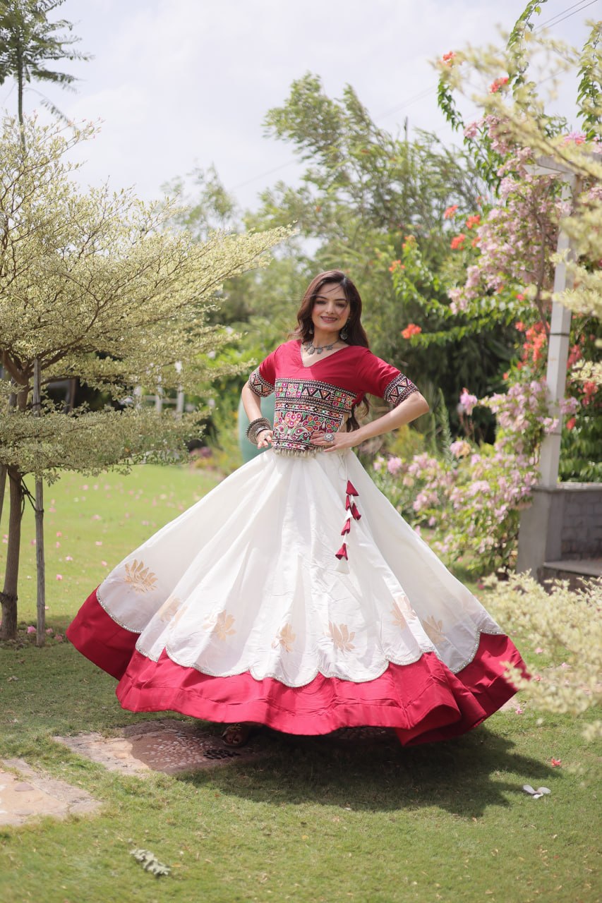 White and Red Lotus Gota Navratri Lehenga Choli with Kutchi Gamthi Top