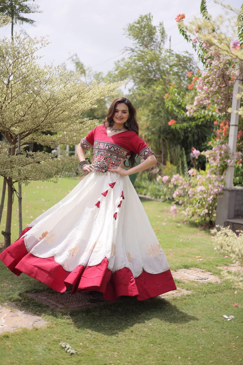 White and Red Lotus Gota Navratri Lehenga Choli with Kutchi Gamthi Top