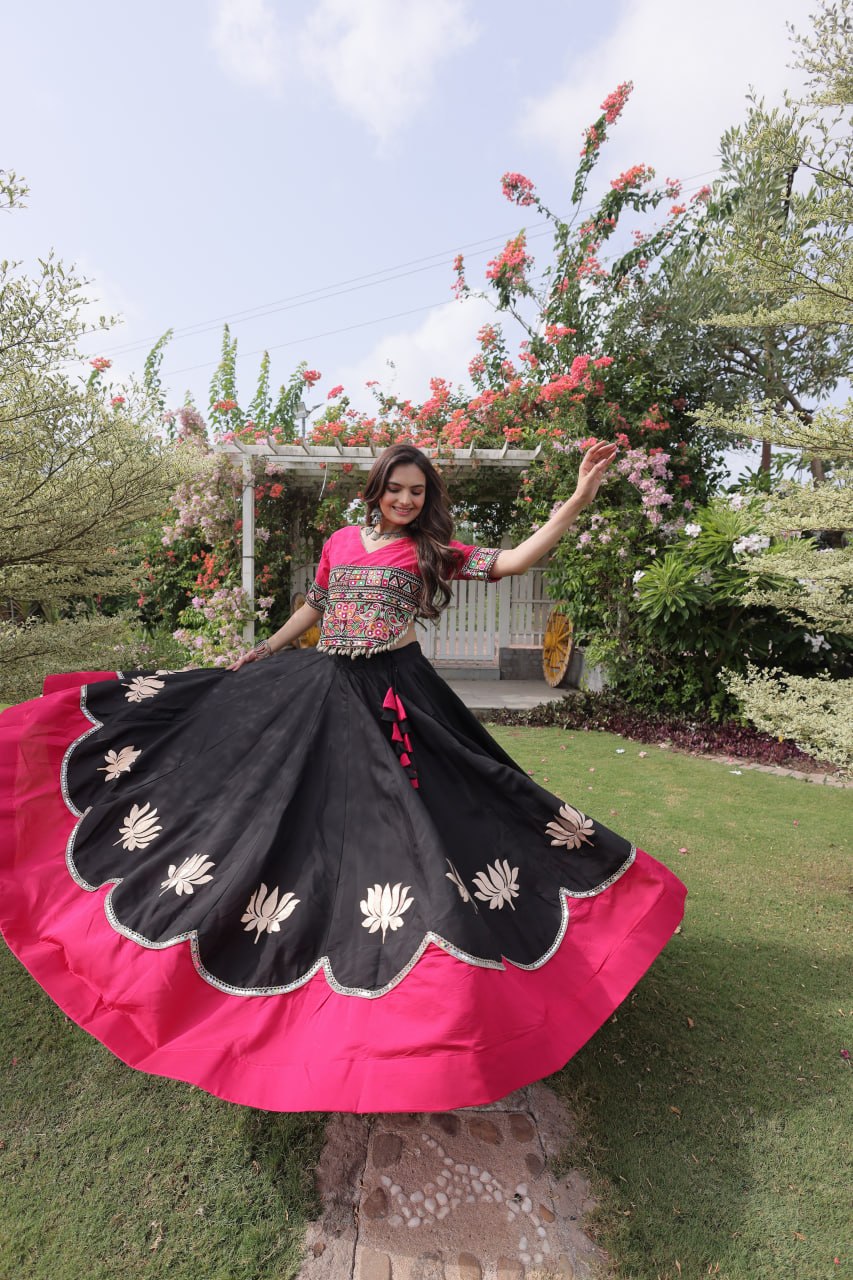 Black and Pink Lotus Gota Navratri Lehenga Choli with Kutchi Gamthi Top