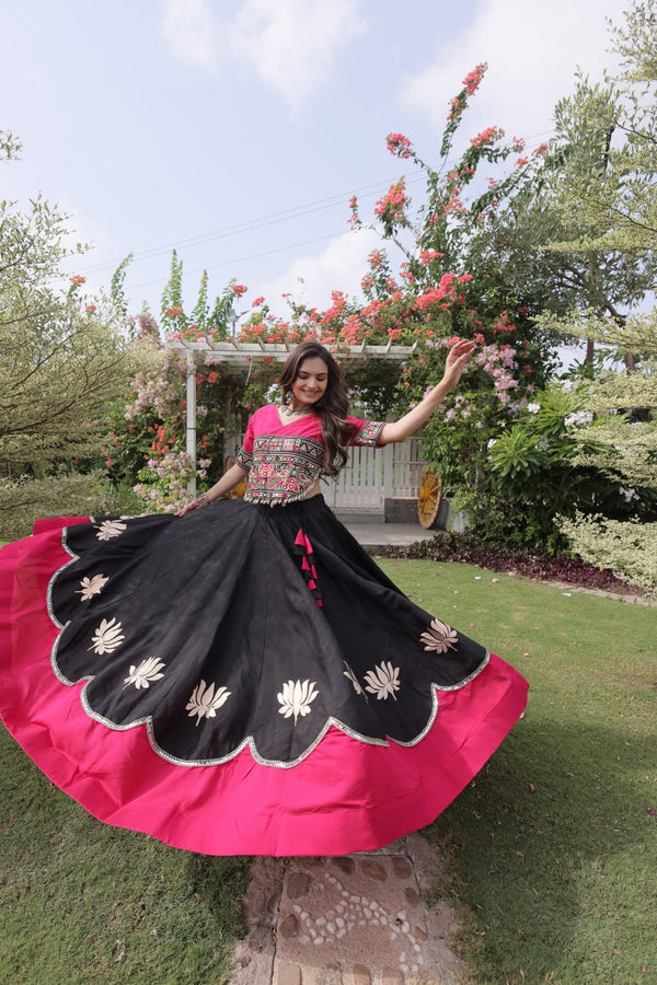Black and Pink Lotus Gota Navratri Lehenga Choli with Kutchi Gamthi Top