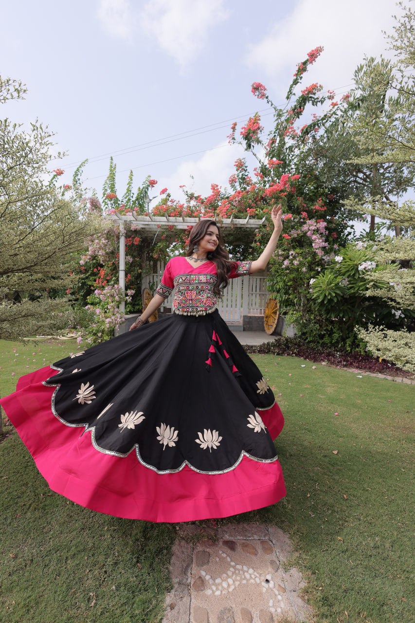 Black and Pink Lotus Gota Navratri Lehenga Choli with Kutchi Gamthi Top