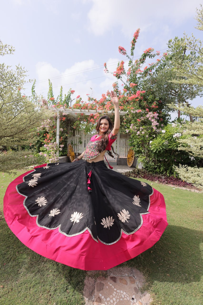 Black and Pink Lotus Gota Navratri Lehenga Choli with Kutchi Gamthi Top