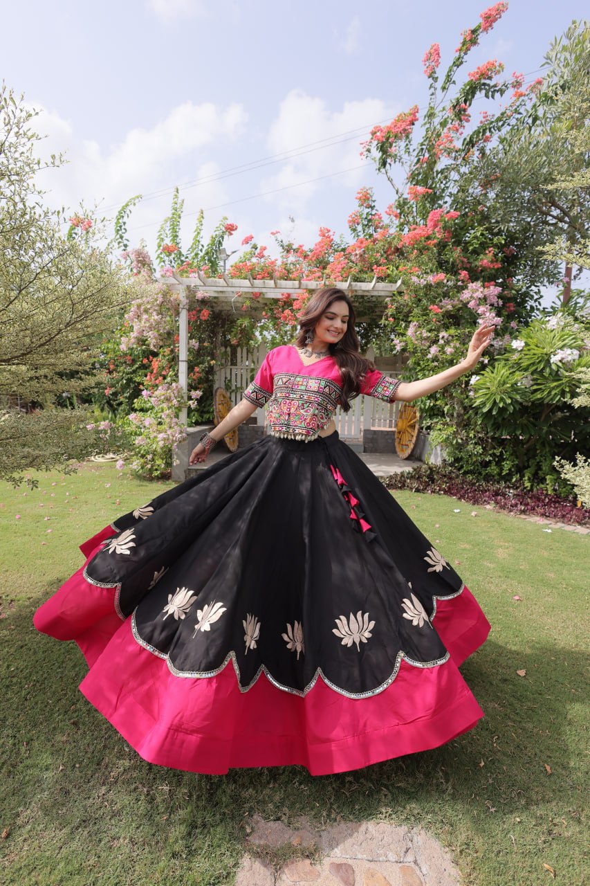 Black and Pink Lotus Gota Navratri Lehenga Choli with Kutchi Gamthi Top
