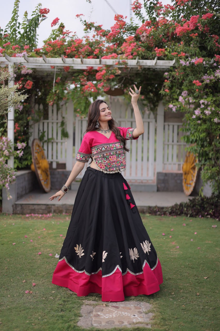 Black and Pink Lotus Gota Navratri Lehenga Choli with Kutchi Gamthi Top