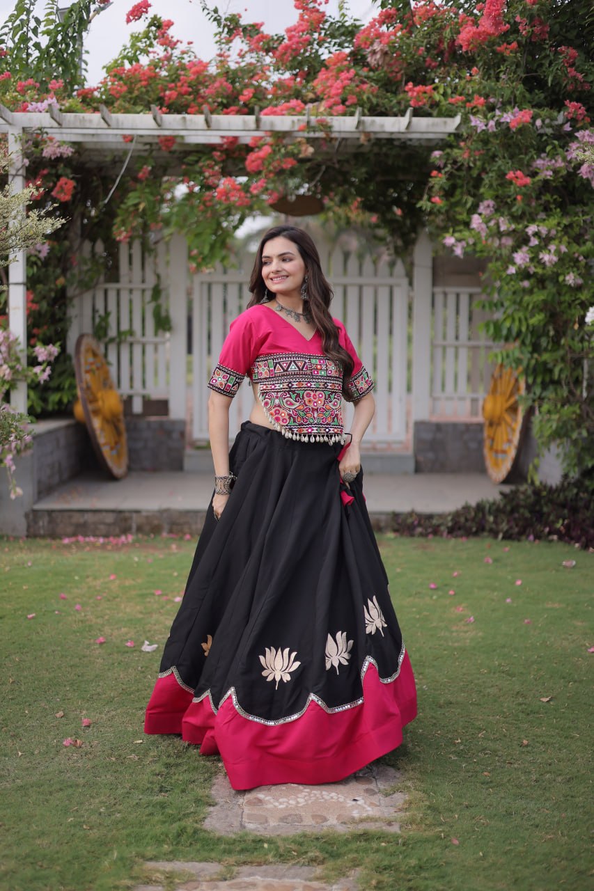 Black and Pink Lotus Gota Navratri Lehenga Choli with Kutchi Gamthi Top