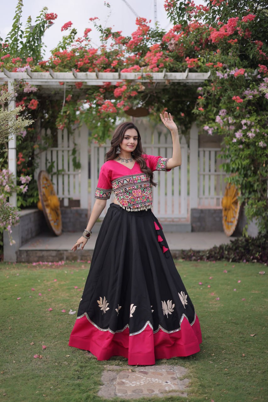 Black and Pink Lotus Gota Navratri Lehenga Choli with Kutchi Gamthi Top