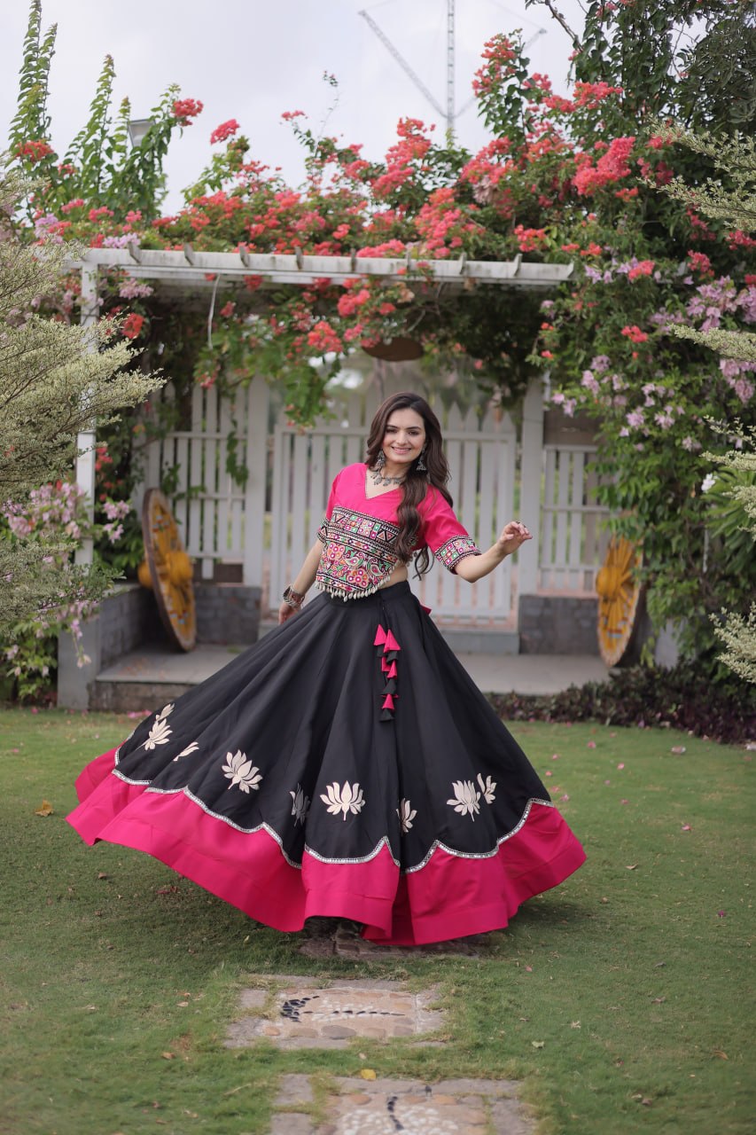 Black and Pink Lotus Gota Navratri Lehenga Choli with Kutchi Gamthi Top