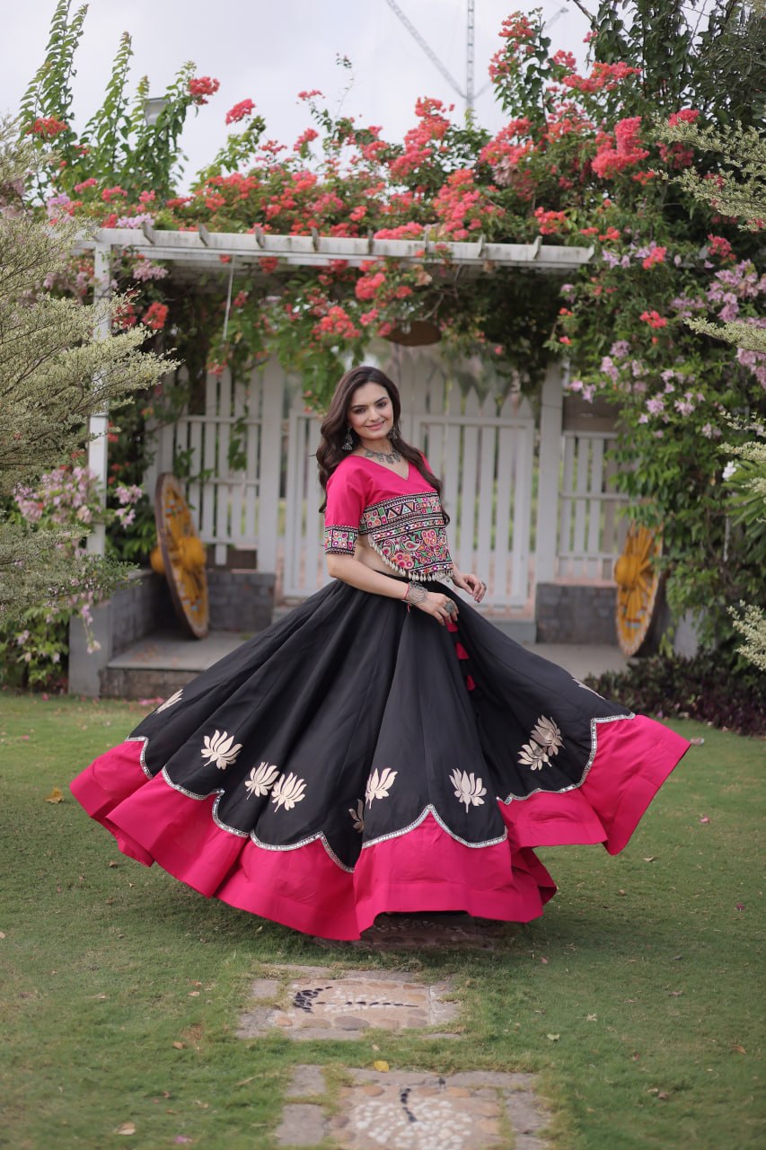 Black and Pink Lotus Gota Navratri Lehenga Choli with Kutchi Gamthi Top