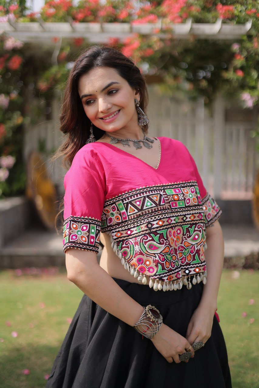 Black and Pink Lotus Gota Navratri Lehenga Choli with Kutchi Gamthi Top