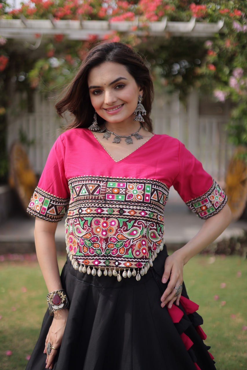 Black and Pink Lotus Gota Navratri Lehenga Choli with Kutchi Gamthi Top