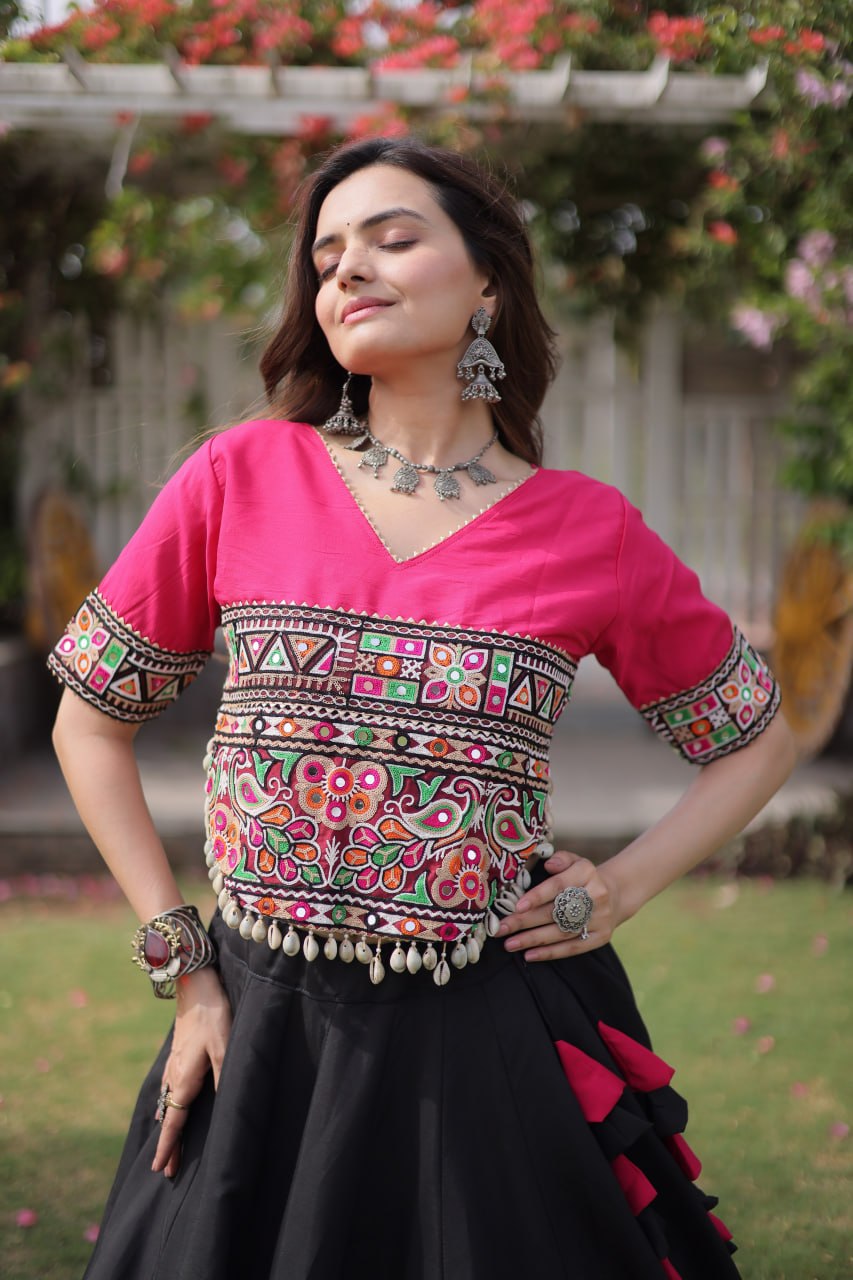 Black and Pink Lotus Gota Navratri Lehenga Choli with Kutchi Gamthi Top