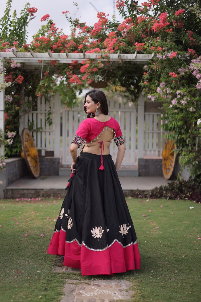 Black and Pink Lotus Gota Navratri Lehenga Choli with Kutchi Gamthi Top