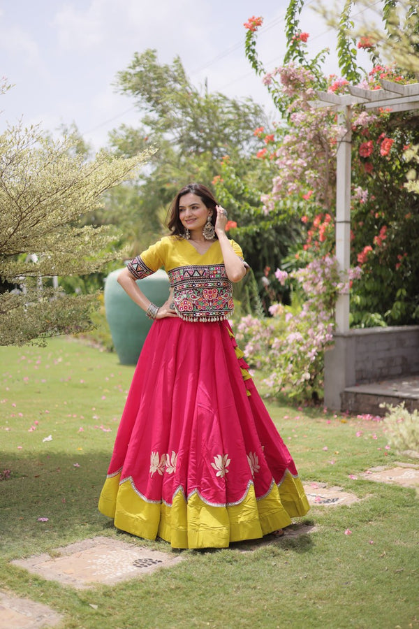 Pink and Yellow Lotus Gota Navratri Lehenga Choli with Kutchi Gamthi Top