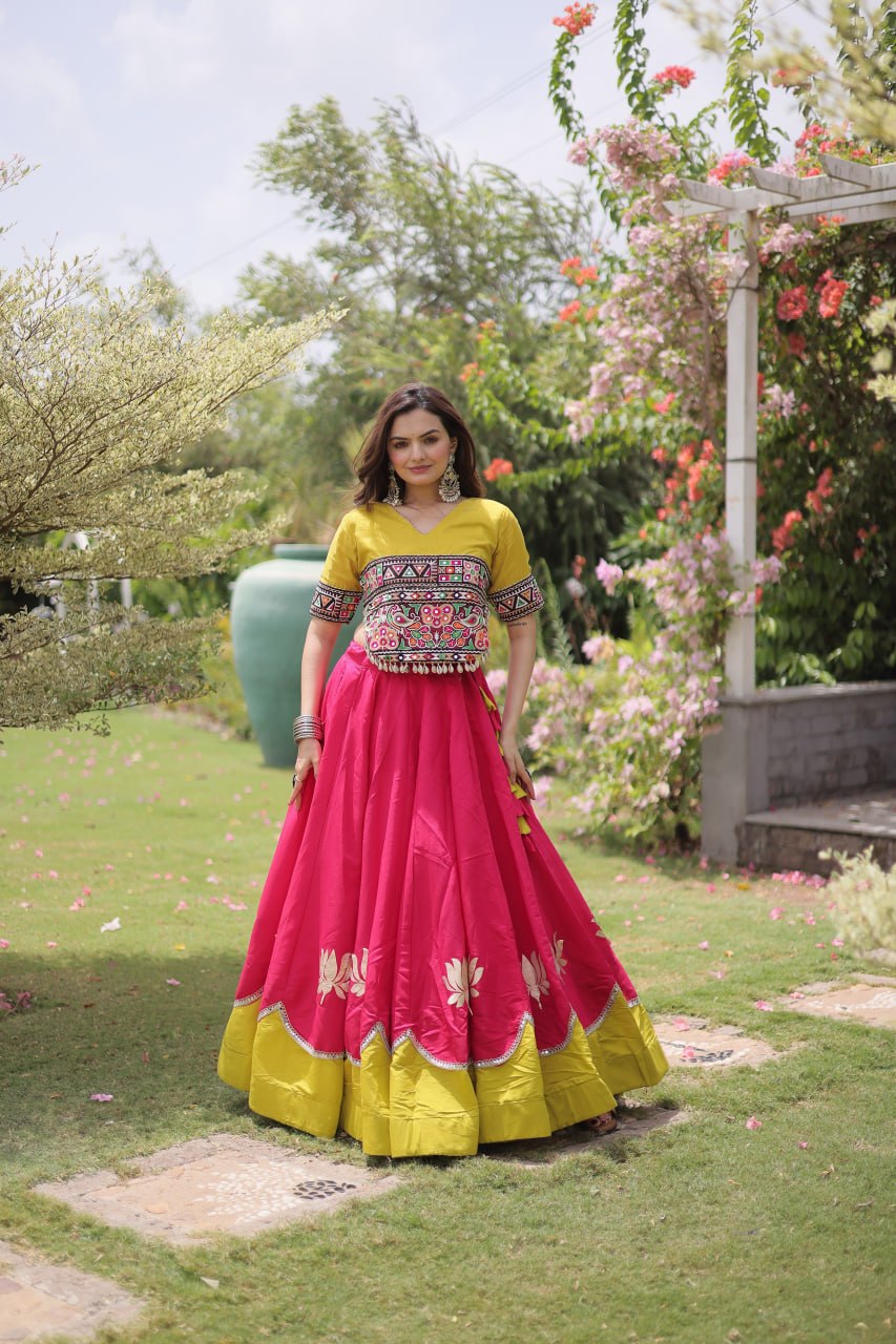 Pink and Yellow Lotus Gota Navratri Lehenga Choli with Kutchi Gamthi Top