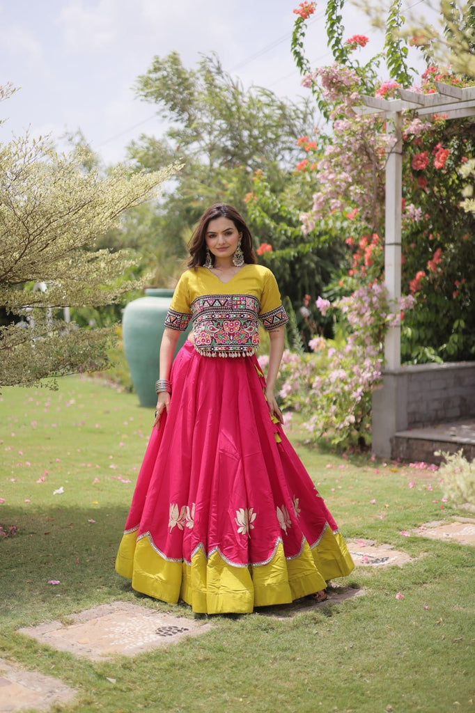 Pink and Yellow Lotus Gota Navratri Lehenga Choli with Kutchi Gamthi Top