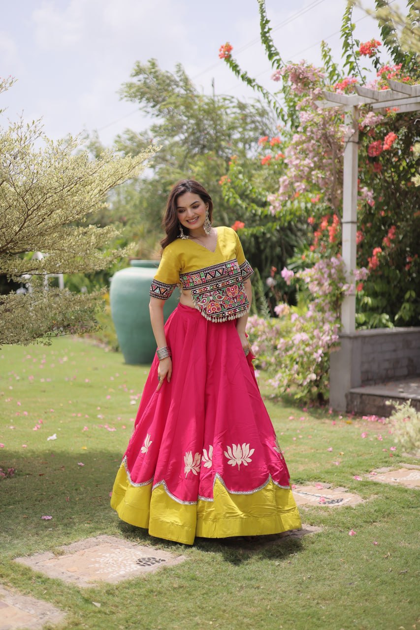 Pink and Yellow Lotus Gota Navratri Lehenga Choli with Kutchi Gamthi Top