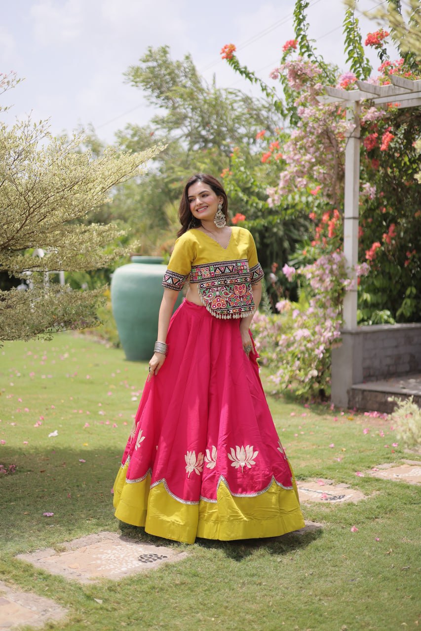 Pink and Yellow Lotus Gota Navratri Lehenga Choli with Kutchi Gamthi Top
