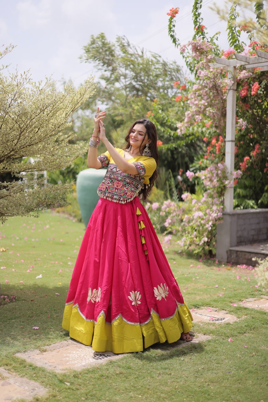 Pink and Yellow Lotus Gota Navratri Lehenga Choli with Kutchi Gamthi Top