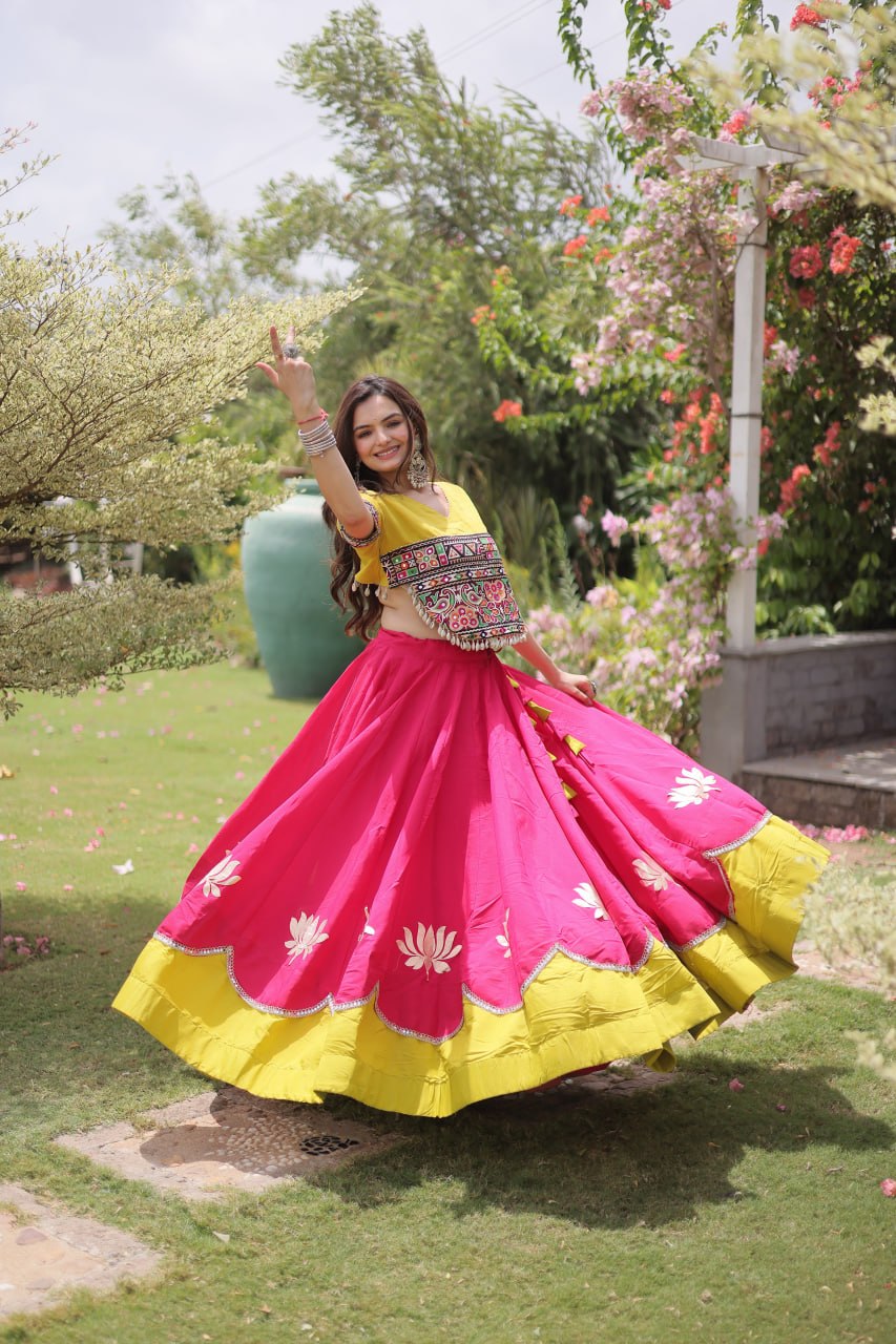 Pink and Yellow Lotus Gota Navratri Lehenga Choli with Kutchi Gamthi Top