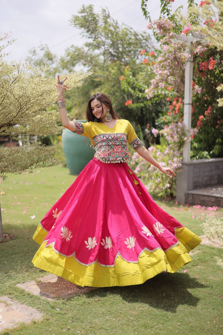 Pink and Yellow Lotus Gota Navratri Lehenga Choli with Kutchi Gamthi Top