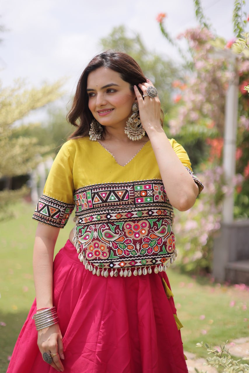 Pink and Yellow Lotus Gota Navratri Lehenga Choli with Kutchi Gamthi Top