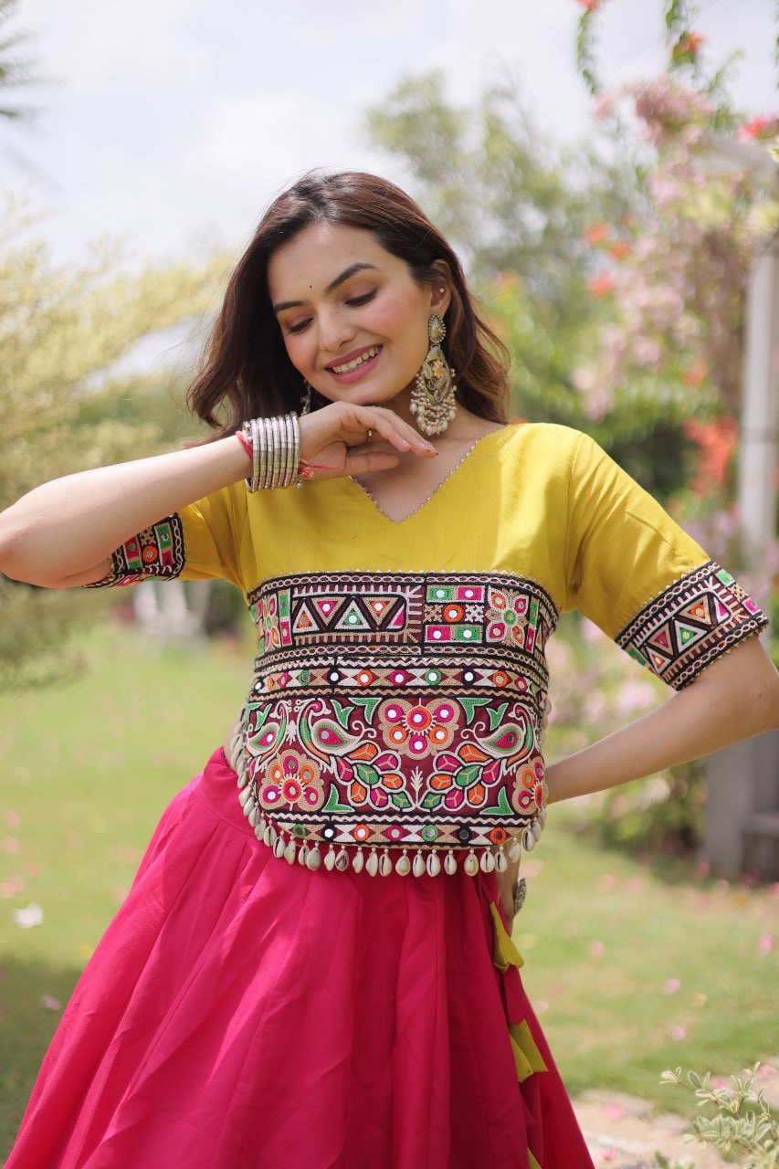 Pink and Yellow Lotus Gota Navratri Lehenga Choli with Kutchi Gamthi Top