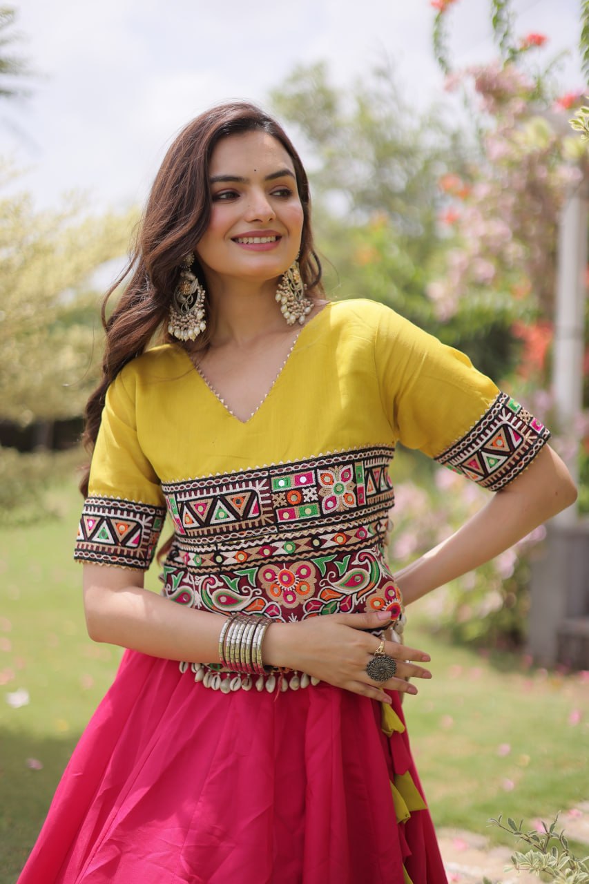 Pink and Yellow Lotus Gota Navratri Lehenga Choli with Kutchi Gamthi Top