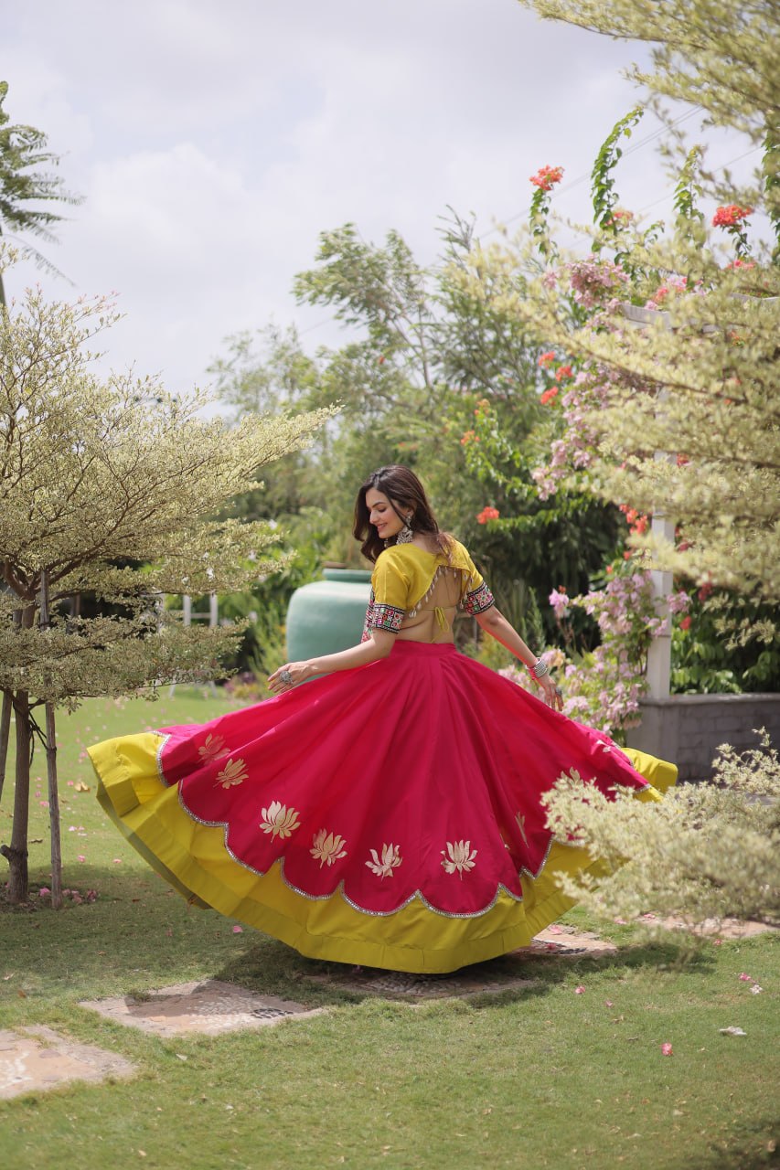 Pink and Yellow Lotus Gota Navratri Lehenga Choli with Kutchi Gamthi Top