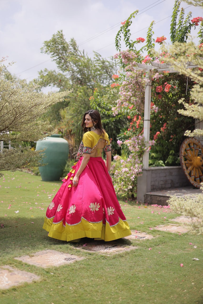 Pink and Yellow Lotus Gota Navratri Lehenga Choli with Kutchi Gamthi Top