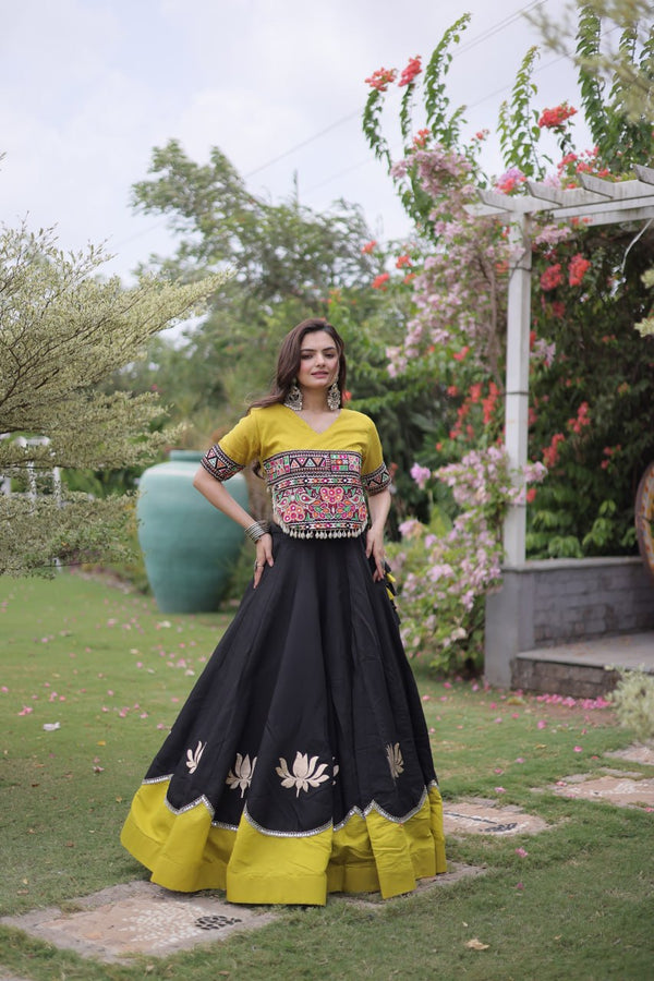 Black and Yellow Lotus Gota Navratri Lehenga Choli with Kutchi Gamthi Top
