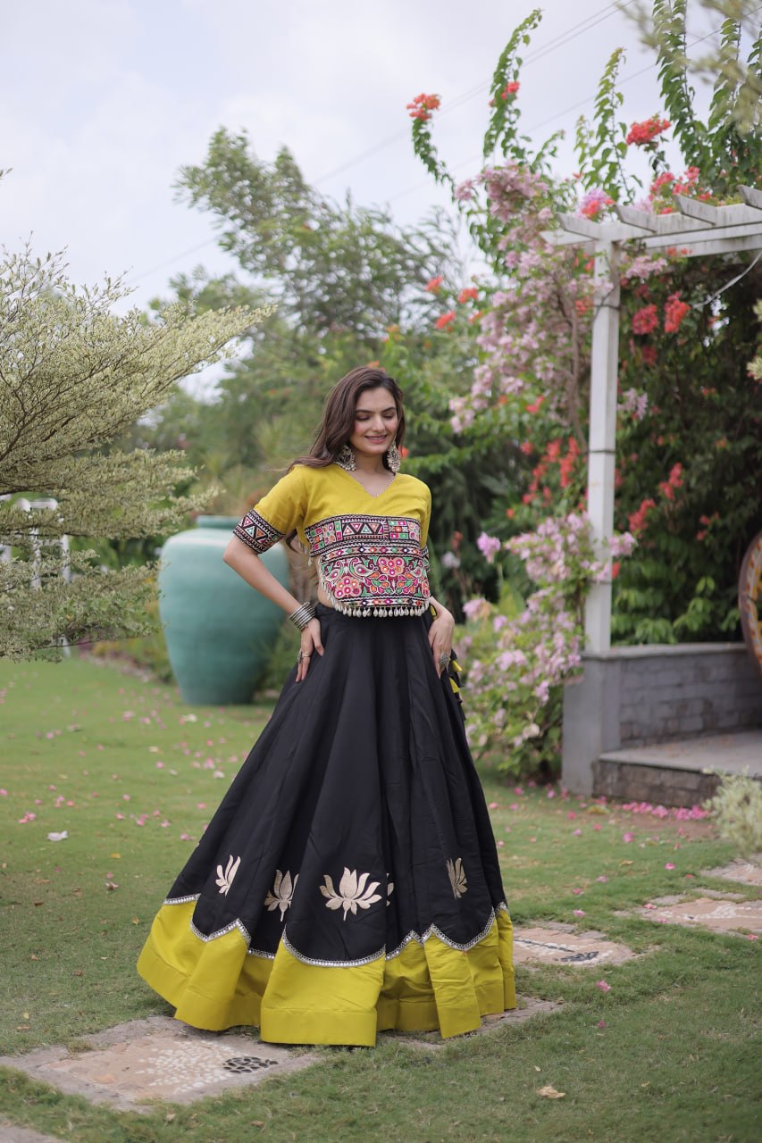 Black and Yellow Lotus Gota Navratri Lehenga Choli with Kutchi Gamthi Top