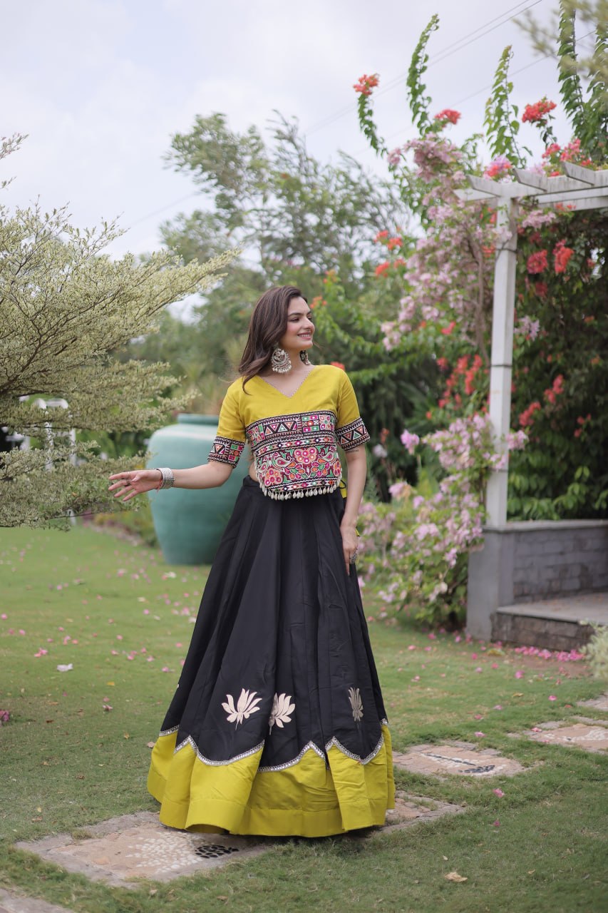 Black and Yellow Lotus Gota Navratri Lehenga Choli with Kutchi Gamthi Top