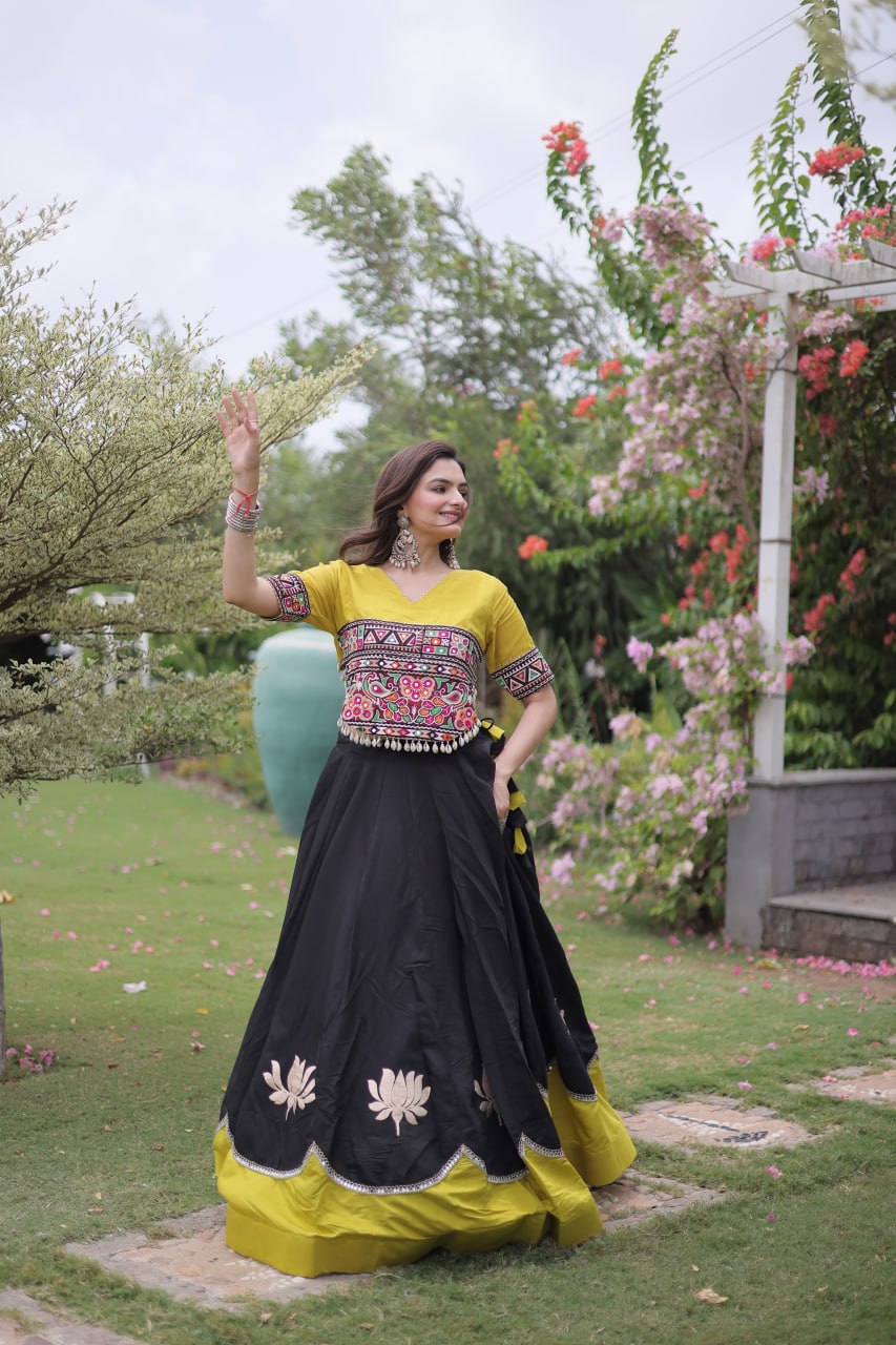 Black and Yellow Lotus Gota Navratri Lehenga Choli with Kutchi Gamthi Top
