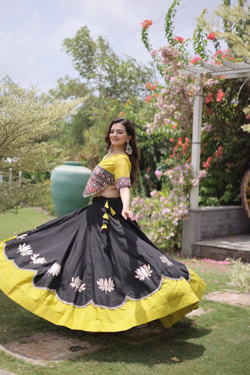 Black and Yellow Lotus Gota Navratri Lehenga Choli with Kutchi Gamthi Top
