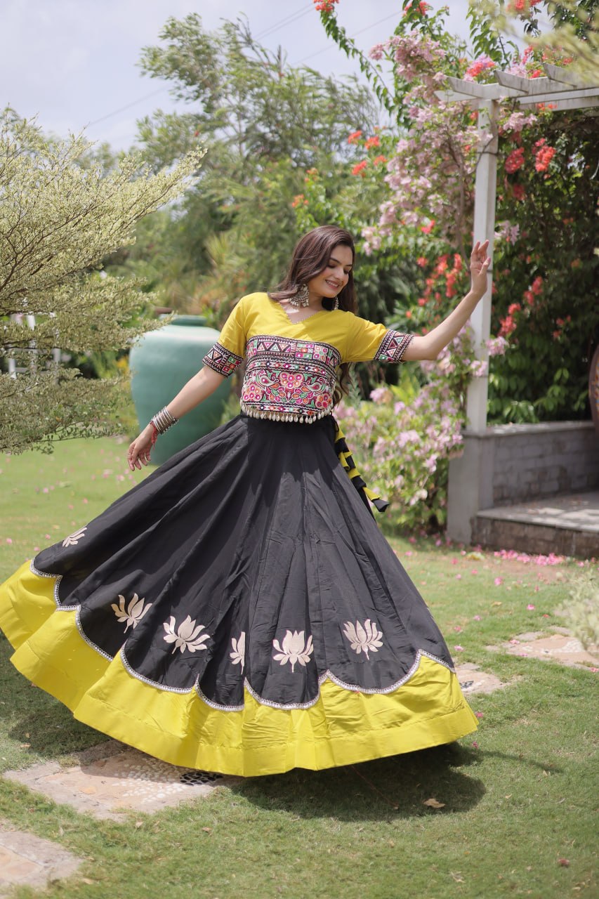 Black and Yellow Lotus Gota Navratri Lehenga Choli with Kutchi Gamthi Top