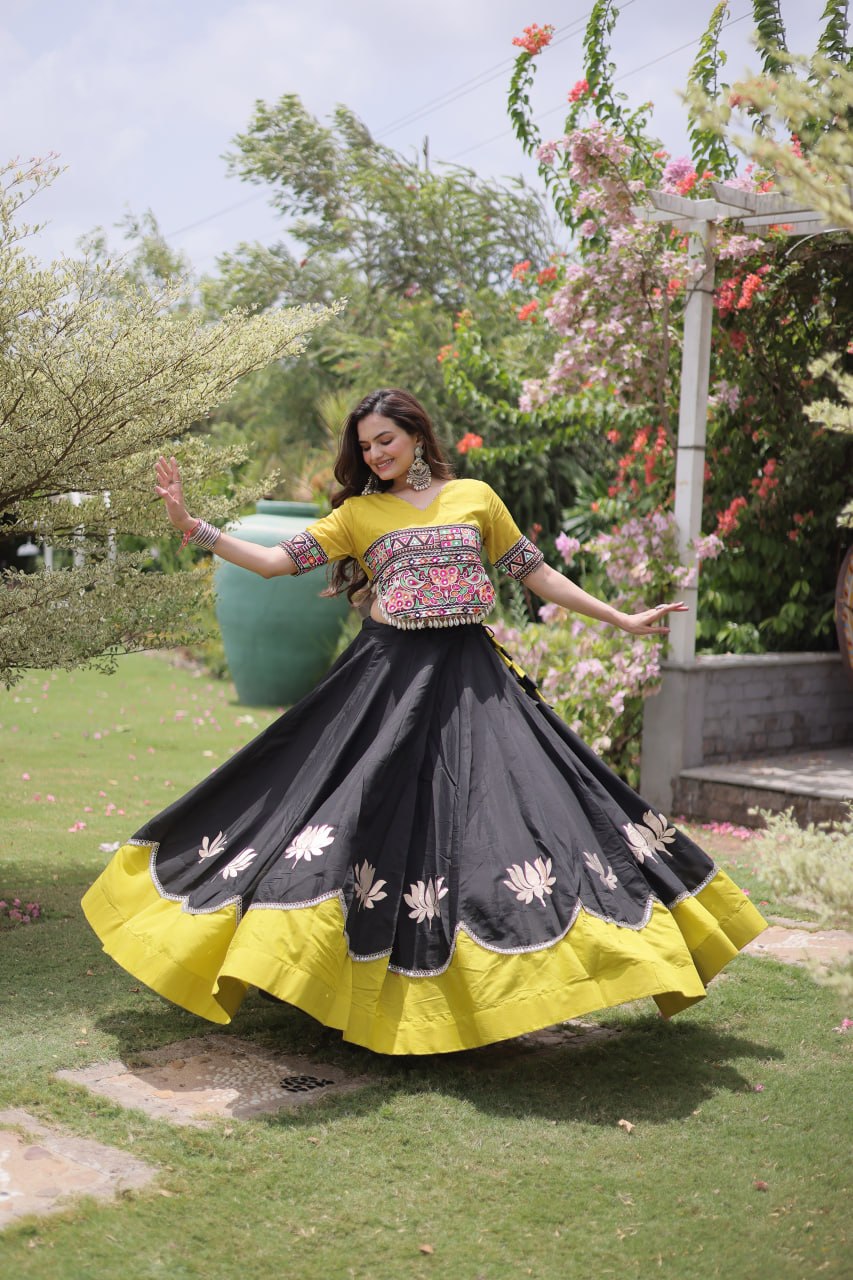 Black and Yellow Lotus Gota Navratri Lehenga Choli with Kutchi Gamthi Top