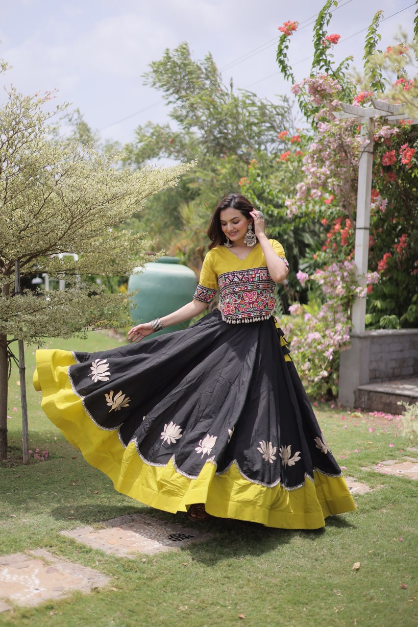 Black and Yellow Lotus Gota Navratri Lehenga Choli with Kutchi Gamthi Top