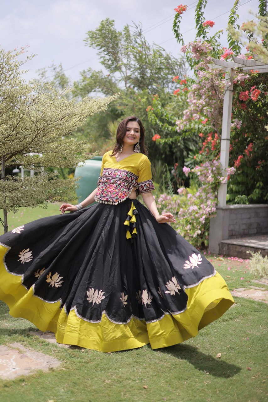 Black and Yellow Lotus Gota Navratri Lehenga Choli with Kutchi Gamthi Top
