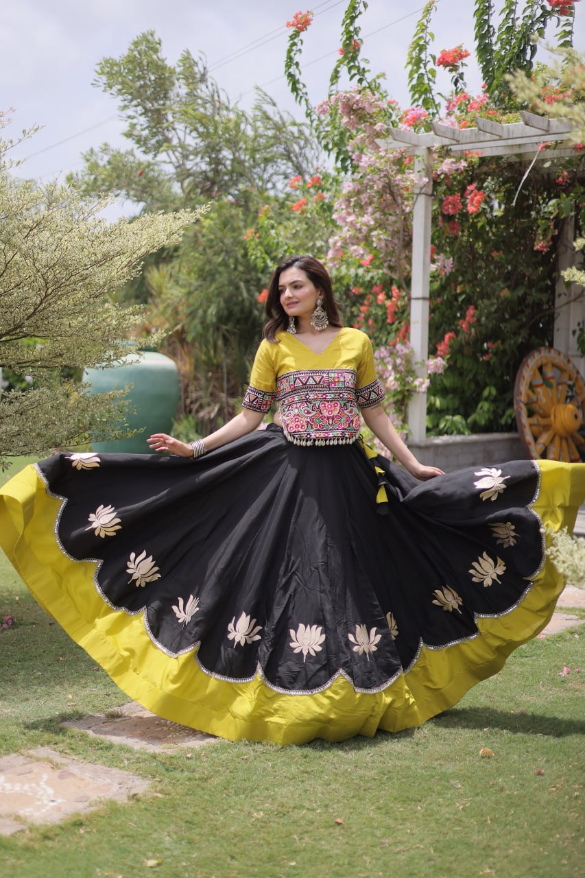 Black and Yellow Lotus Gota Navratri Lehenga Choli with Kutchi Gamthi Top
