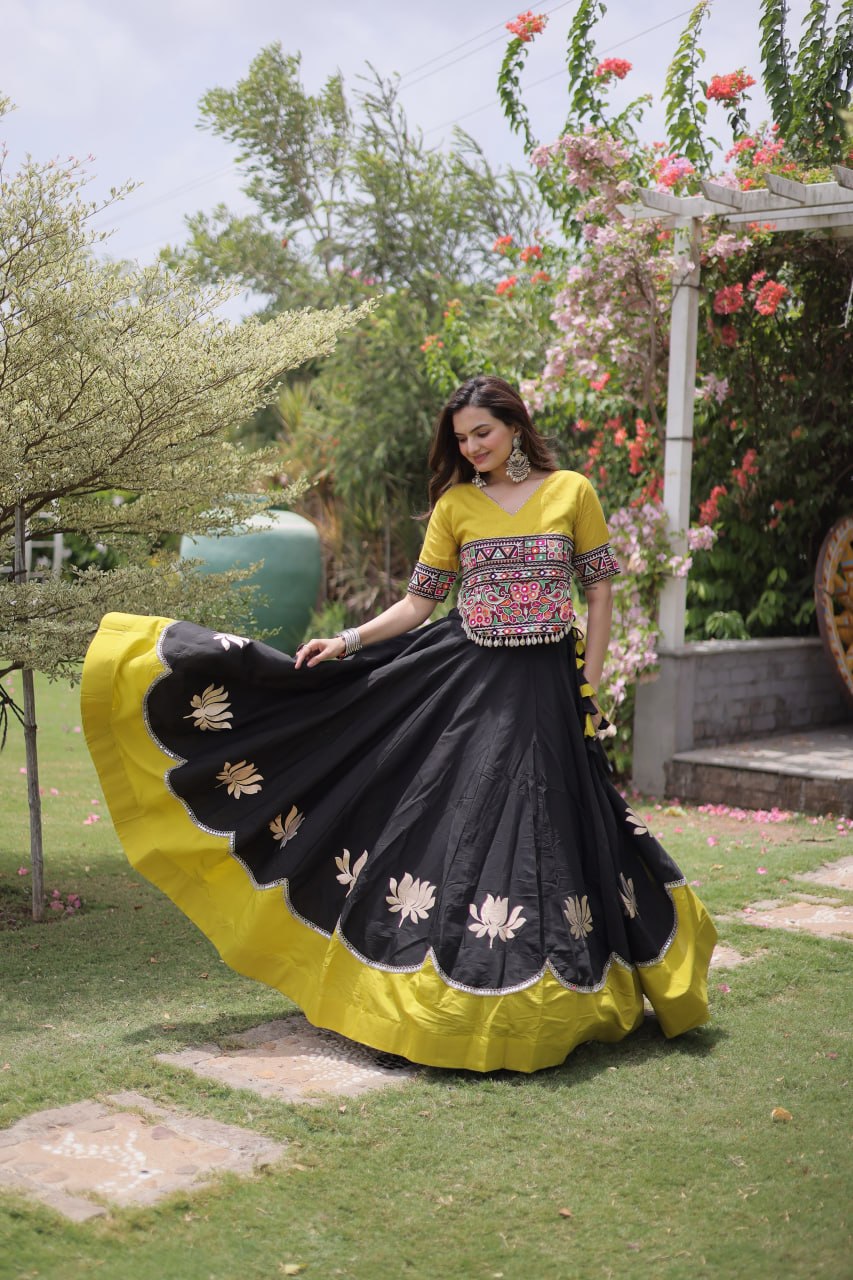 Black and Yellow Lotus Gota Navratri Lehenga Choli with Kutchi Gamthi Top