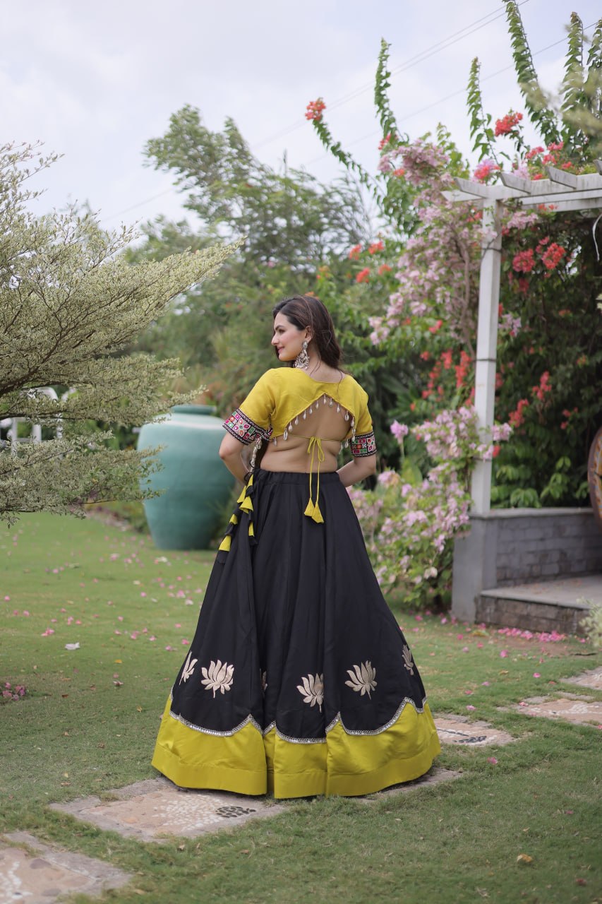 Black and Yellow Lotus Gota Navratri Lehenga Choli with Kutchi Gamthi Top