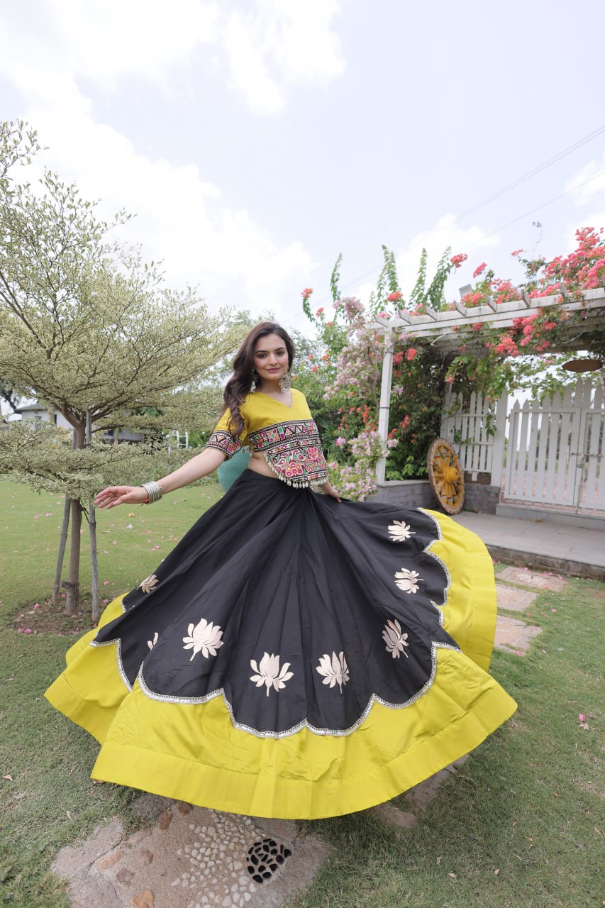 Black and Yellow Lotus Gota Navratri Lehenga Choli with Kutchi Gamthi Top