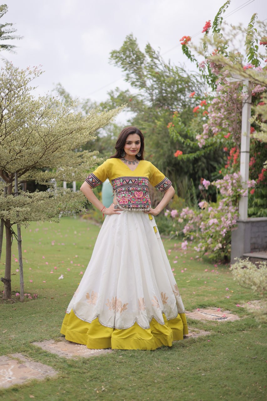 White and Yellow Lotus Gota Navratri Lehenga Choli with Kutchi Gamthi Top