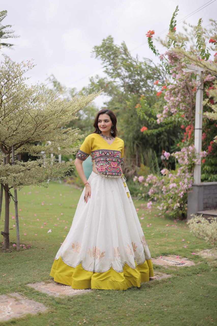 White and Yellow Lotus Gota Navratri Lehenga Choli with Kutchi Gamthi Top