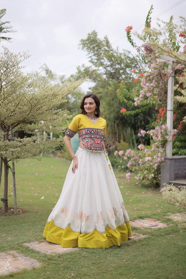 White and Yellow Lotus Gota Navratri Lehenga Choli with Kutchi Gamthi Top