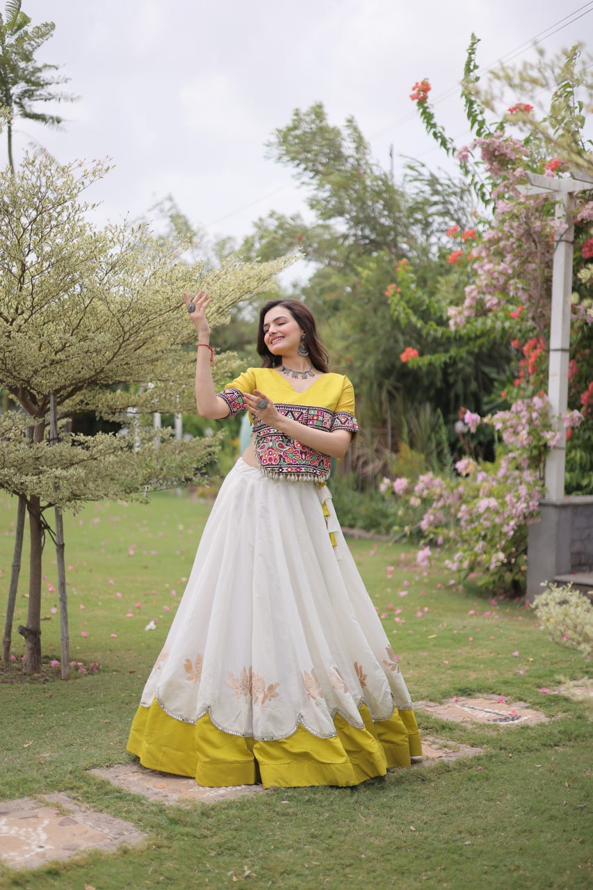White and Yellow Lotus Gota Navratri Lehenga Choli with Kutchi Gamthi Top