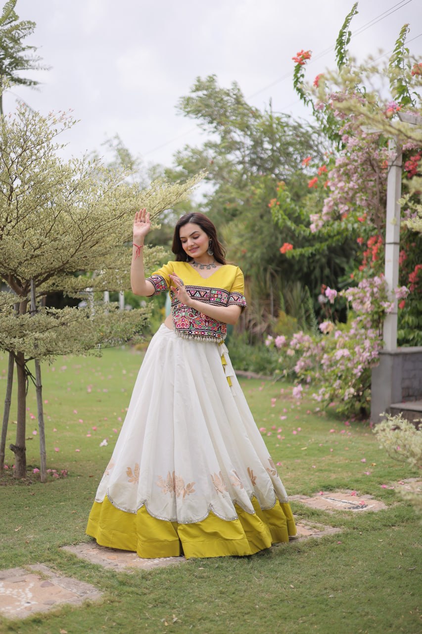 White and Yellow Lotus Gota Navratri Lehenga Choli with Kutchi Gamthi Top