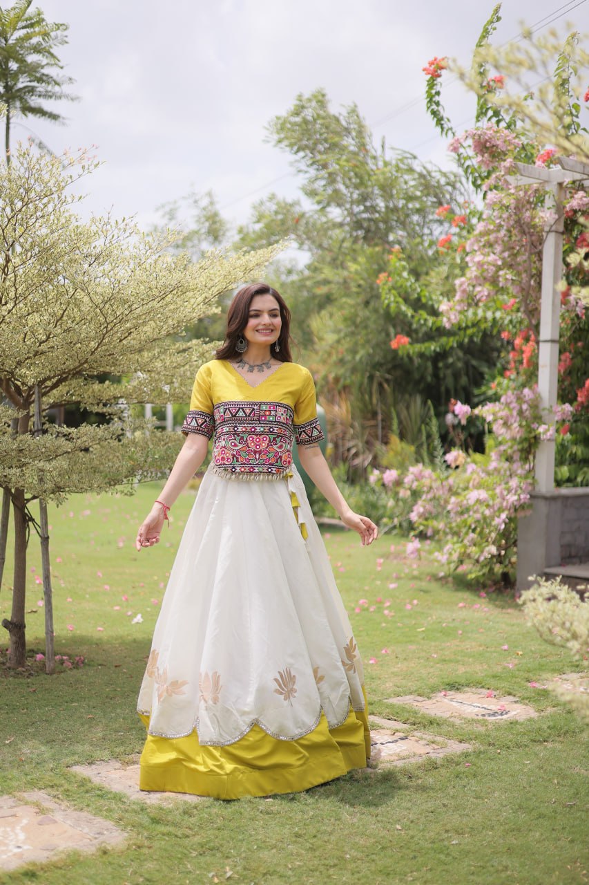 White and Yellow Lotus Gota Navratri Lehenga Choli with Kutchi Gamthi Top
