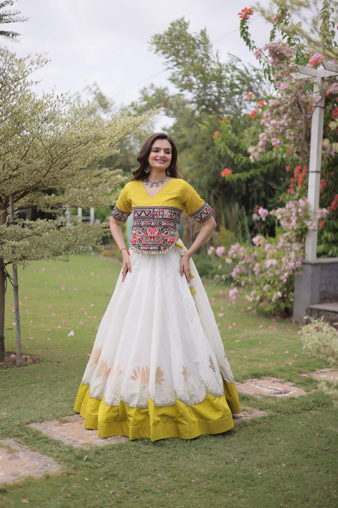 White and Yellow Lotus Gota Navratri Lehenga Choli with Kutchi Gamthi Top