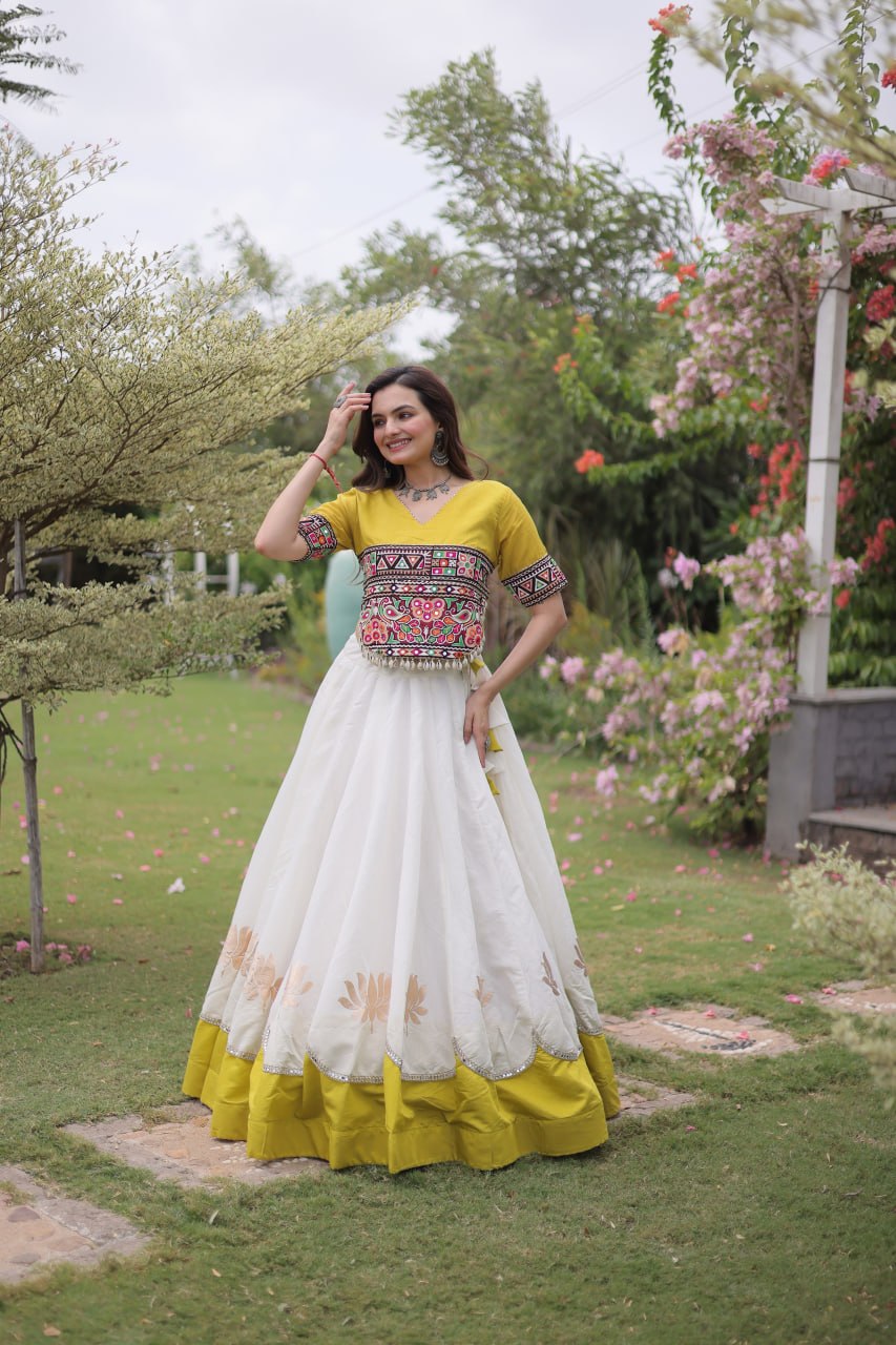 White and Yellow Lotus Gota Navratri Lehenga Choli with Kutchi Gamthi Top